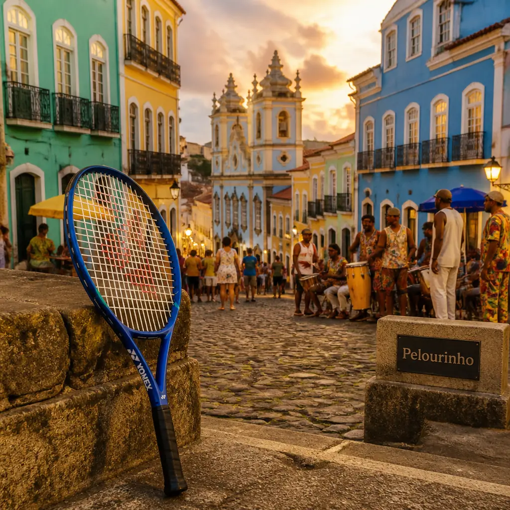 cardiovascular tennis classes Lake Ridge — Pelourinho in Salvador, A steep cobbled square lined with baroque townhouses painted mint, ochre, and blue, with a pale church at the top and drums echoing off the facades