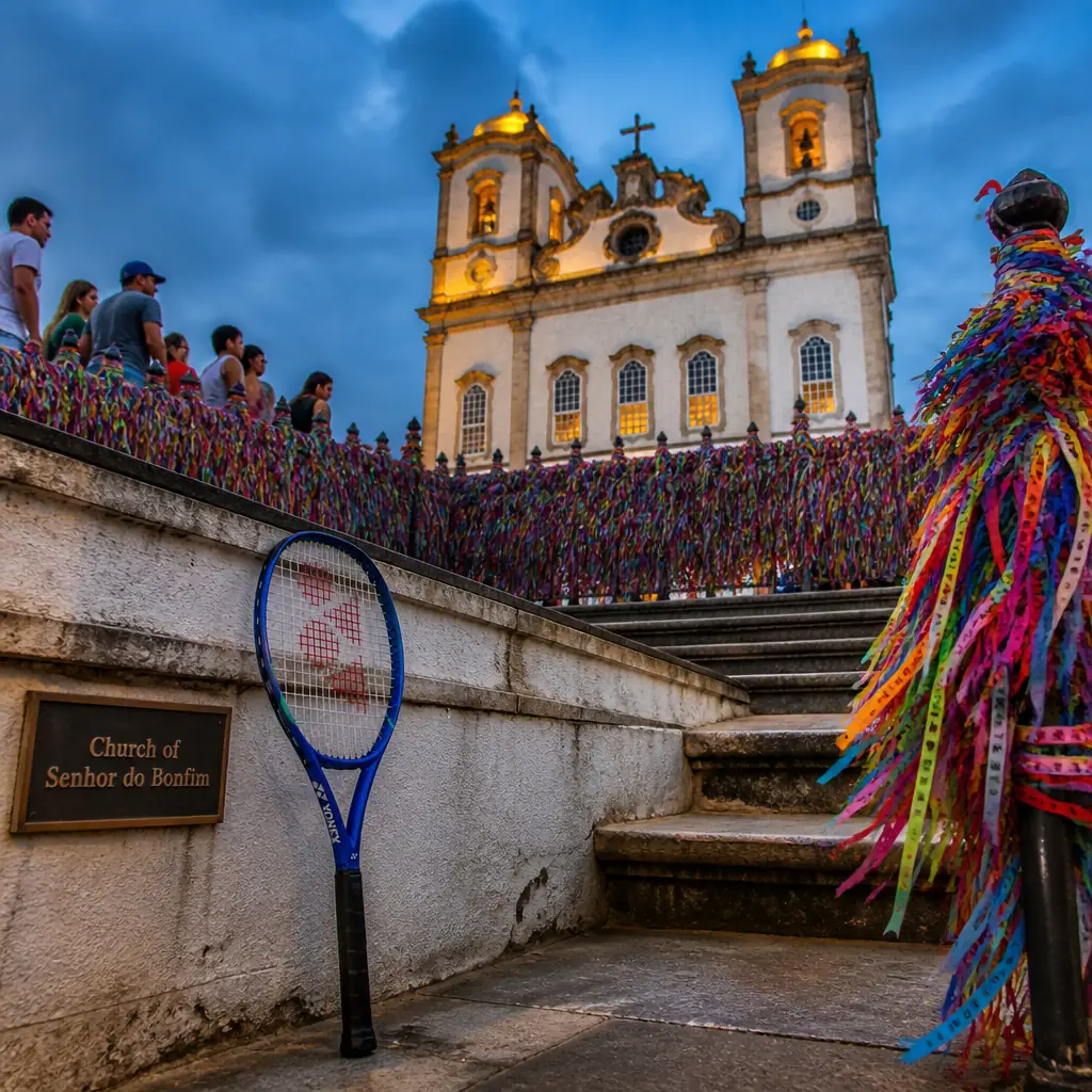 cardiovascular tennis classes Lake Ridge — Church of Senhor do Bonfim in Salvador, A white church with twin towers on a hilltop, its railings tied with thousands of coloured ribbons fluttering in the wind and a room hung with wax votive limbs