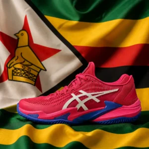 cardiovascular tennis clinics near Las Olas Boulevard — Asics Court Flytefoam 3 Clay Women's Tennis Shoes displayed with the national flag of Zimbabwe