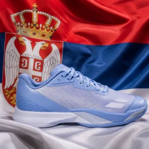 cardiovascular tennis drills — Babolat Jet Mach 4 All Court Women's Tennis Shoes composed with the national flag of Serbia