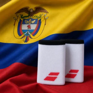 cardiovascular tennis instruction — Babolat Jumbo Logo Tennis Wristband composed with the yellow blue and red national flag of Colombia
