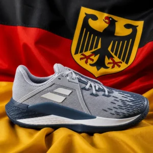 cardiovascular tennis Plantation — Babolat Propulse Fury 3 Men's Tennis Shoes arranged with the black-red-gold flag of Germany