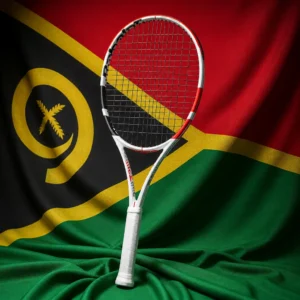 cardiovascular tennis session — Babolat Pure Strike 100 4th Gen Tennis Racquet composed with the national flag of Vanuatu