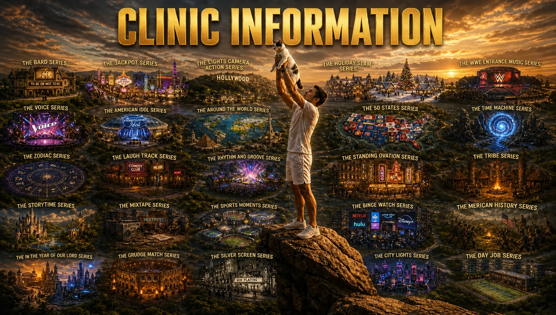 CLINIC INFORMATION — a golden-hour poster of a whole world of themed clinics: twenty-five illuminated vignettes, one for each series, spread across a landscape under a sunset sky, with Jackson Phillips standing on a rock in the centre holding Frosty the cat overhead.