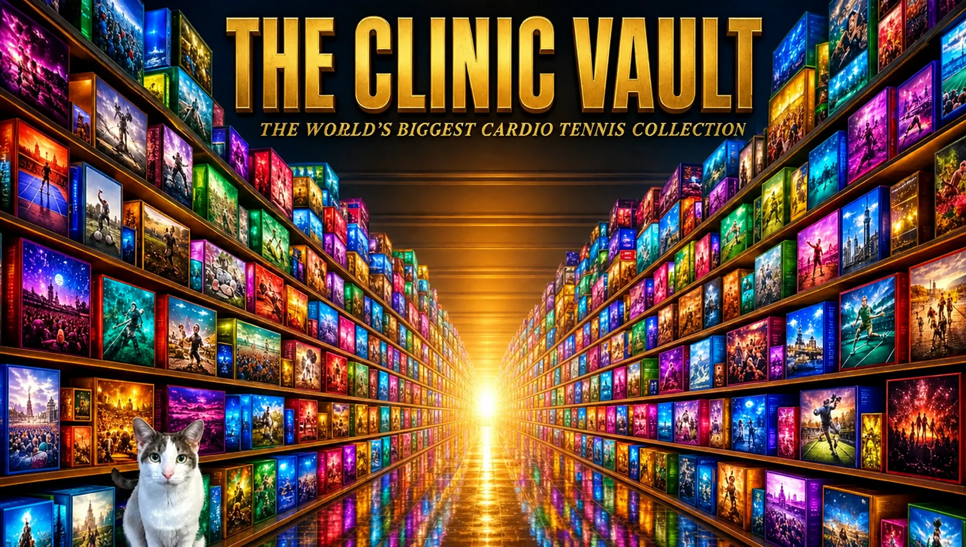 The Clinic Vault — a vast gold-lit hall lined floor to ceiling with hundreds of illustrated cardio tennis clinic posters receding to a bright horizon, with Frosty the cat sitting in the aisle. Titled THE CLINIC VAULT, THE WORLD'S BIGGEST CARDIO TENNIS COLLECTION.