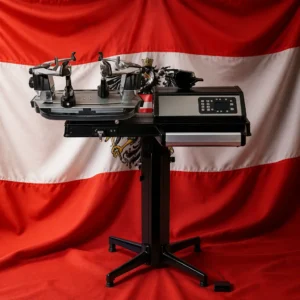 Coral Ridge tennis training — Gamma 8900 ELS 6 Point SC Suspension Mount Tennis Stringing Machine composed with the red-white-red national flag of Austria