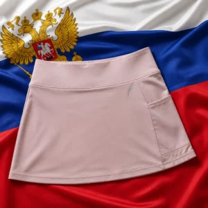Croissant Park cardio tennis classes — Head Athletic with Ball Pocket Women's Tennis Skirt composed with the white, blue, and red flag of Russia