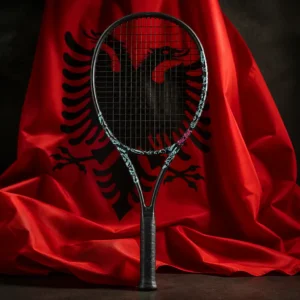 Croissant Park tennis class — Head Boom MP 2025 Tennis Racquet composed with the red Albanian flag and its black double-headed eagle