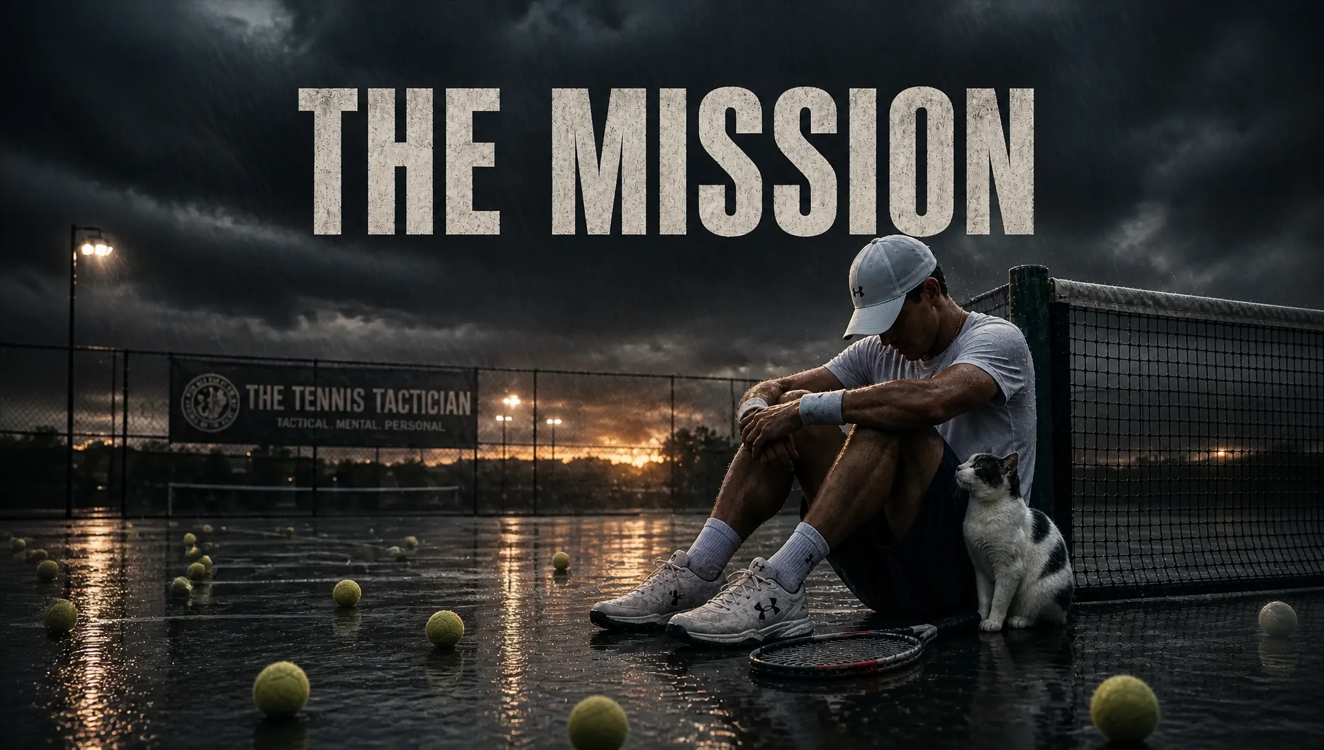 THE MISSION — Jackson Phillips sits on a rain-soaked tennis court at dusk under a storm sky, head down beside the net, with Frosty the cat sitting against his side and tennis balls scattered across the wet surface. A Tennis Tactician banner reading TACTICAL. MENTAL. PERSONAL. hangs on the fence behind him.