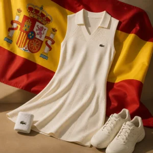 evening exercise for optimism — Lacoste Stretch Women's Tennis Dress composed with the red and yellow flag of Spain