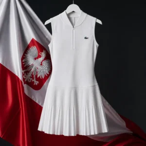 evening tennis class — Lacoste Ultra Dry Stretch Women's Tennis Dress composed with the white and red flag of Poland