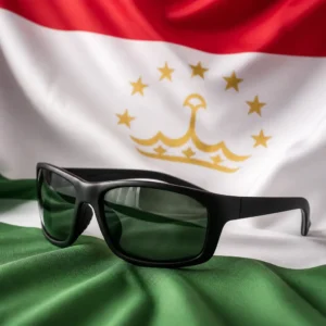 exercise for grief — Maui Jim Polarized Kanaio Coast Wrap Sunglasses composed with the red, white, and green flag of Tajikistan