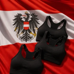 exercise for mental health — New Balance Seamless Cami Keyhole Tennis Sports Bra 3-Pack arranged with the red-white-red flag of Austria