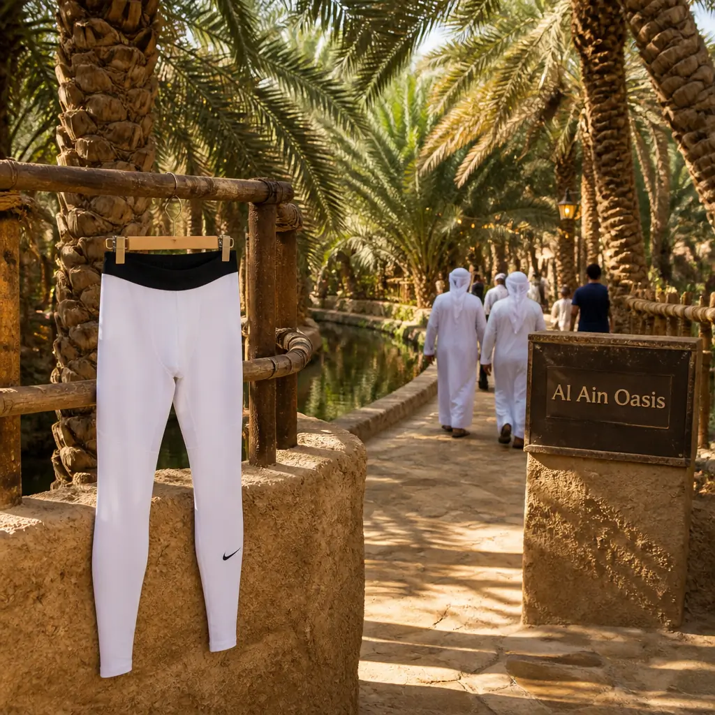 exercise to help with stress — Nike Pro Warm Training Men's Tights photographed among the palms and pathways of Al Ain Oasis