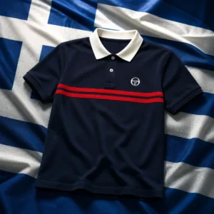 Fort Lauderdale adult tennis clinic — Sergio Tacchini Supermac Men's Tennis Polo composed with the national flag of Greece