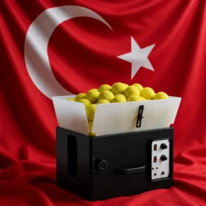 Fort Lauderdale Beach tennis class — Tennis Tutor ProLite Battery Tennis Ball Machine with the red Turkish flag and its white star and crescent