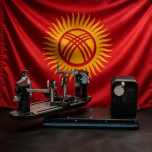 Fort Lauderdale beginner cardio tennis clinics — Tourna 550-ES Electric Tennis Stringing Machine composed with the red flag of Kyrgyzstan and its yellow sun and tunduk emblem