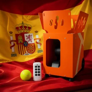 Fort Lauderdale beginner tennis lessons — Veva V2 Portable Tennis Ball Machine composed with the red and yellow flag of Spain