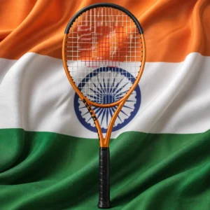 Fort Lauderdale cardiovascular lesson — Wilson Burn 100LS V6 tennis racquet composed with the national flag of India against a warm desert background