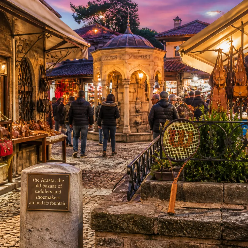 Fort Lauderdale cardiovascular tennis training — Wilson Pro Staff 97 V14 tennis racquet at the fountain of the Arasta old bazaar of saddlers and shoemakers, Muğla