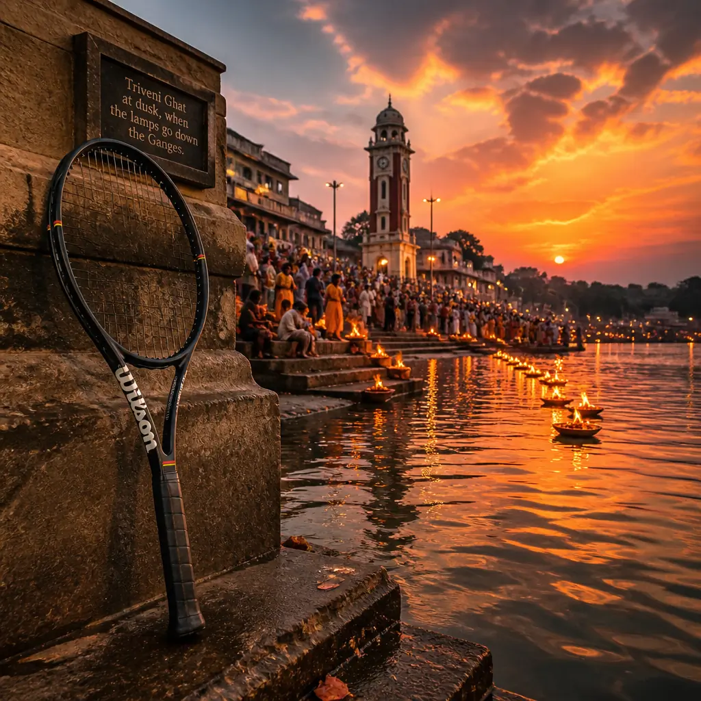 Fort Lauderdale cardiovascular tennis workout — Wilson Pro Staff 97L Classic tennis racquet held at Triveni Ghat at dusk as lit diyas float down the Ganges