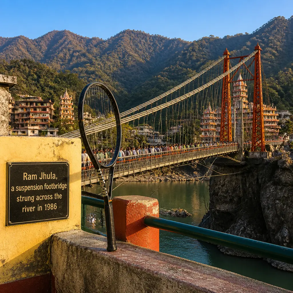 Fort Lauderdale cardiovascular tennis workout — Wilson Pro Staff 97L Classic tennis racquet posed on Ram Jhula suspension bridge spanning the Ganges in Rishikesh