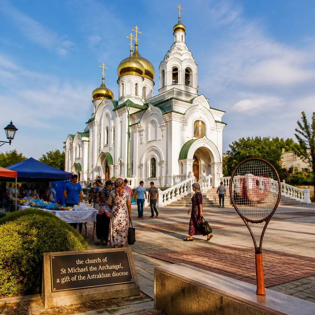 Fort Lauderdale cardiovascular workouts — Wilson Pro Staff X V14 tennis racquet posed outside the Church of St Michael the Archangel, a gift of the Astrakhan diocese, Türkmenbaşy
