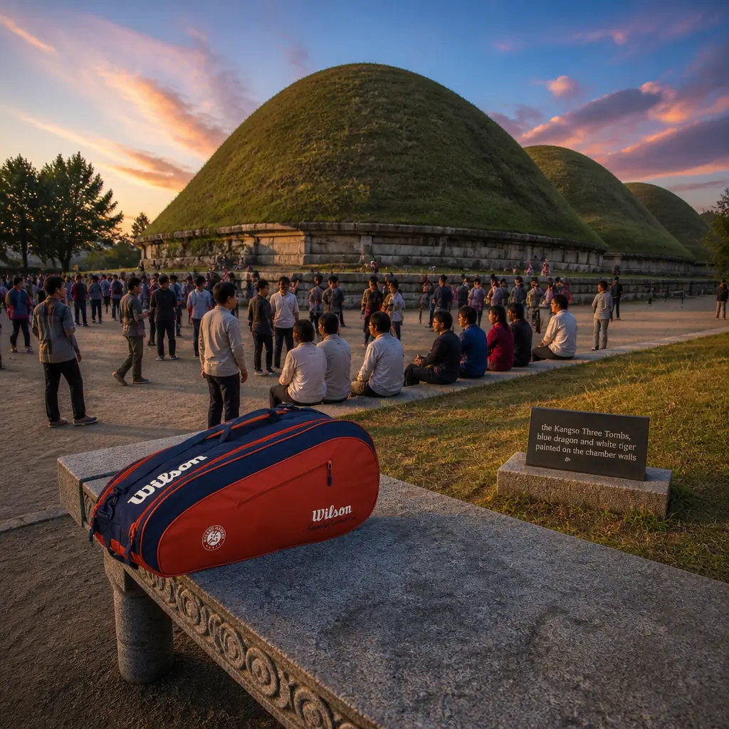 Fort Lauderdale evening cardio tennis lessons — Wilson Roland Garros Team Tennis Bag at the Kangso Three Tombs, with blue dragon and white tiger painted on the ancient chamber walls, Nampo