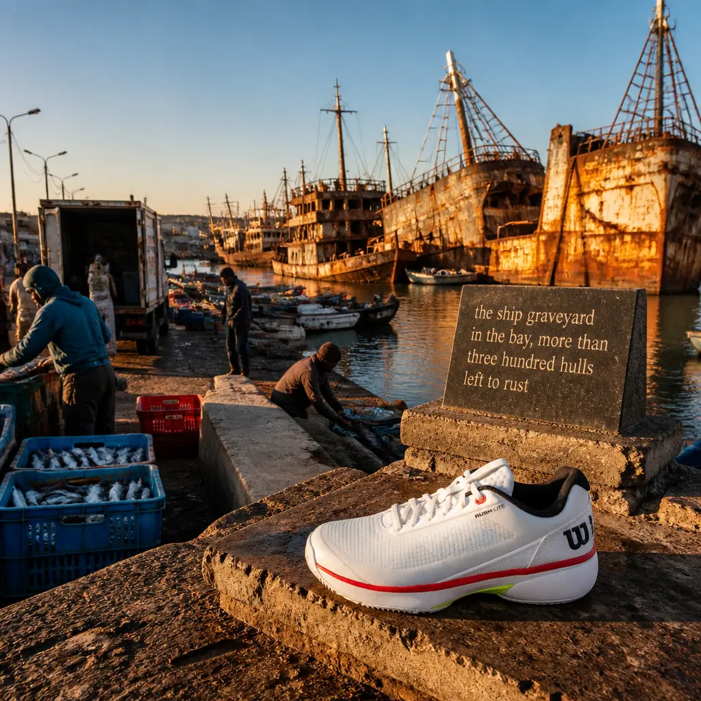 Fort Lauderdale evening cardiovascular tennis classes — Wilson Rush Lite 5 Clay tennis shoe resting on a rusted hull at the Nouadhibou ship graveyard, dozens of corroding vessels visible in the bay behind