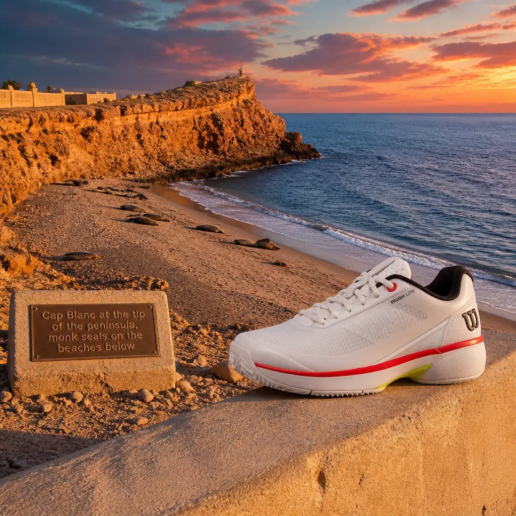 Fort Lauderdale evening cardiovascular tennis classes — Wilson Rush Lite 5 Clay tennis shoe on the rocky shore of Cap Blanc with the Atlantic Ocean and monk seals resting on the beach below the peninsula's tip