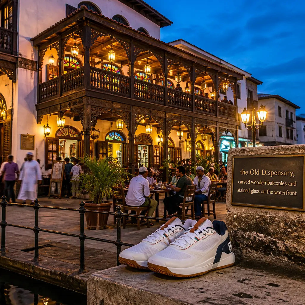 Fort Lauderdale fast paced cardio tennis — Wilson Rush Pro 5 Clay shoes on the ornate wooden balcony of the Old Dispensary beside Zanzibar City's waterfront