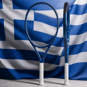 Fort Lauderdale fun cardio tennis clinic — Wilson Triad Three tennis racquet with the flag of Greece