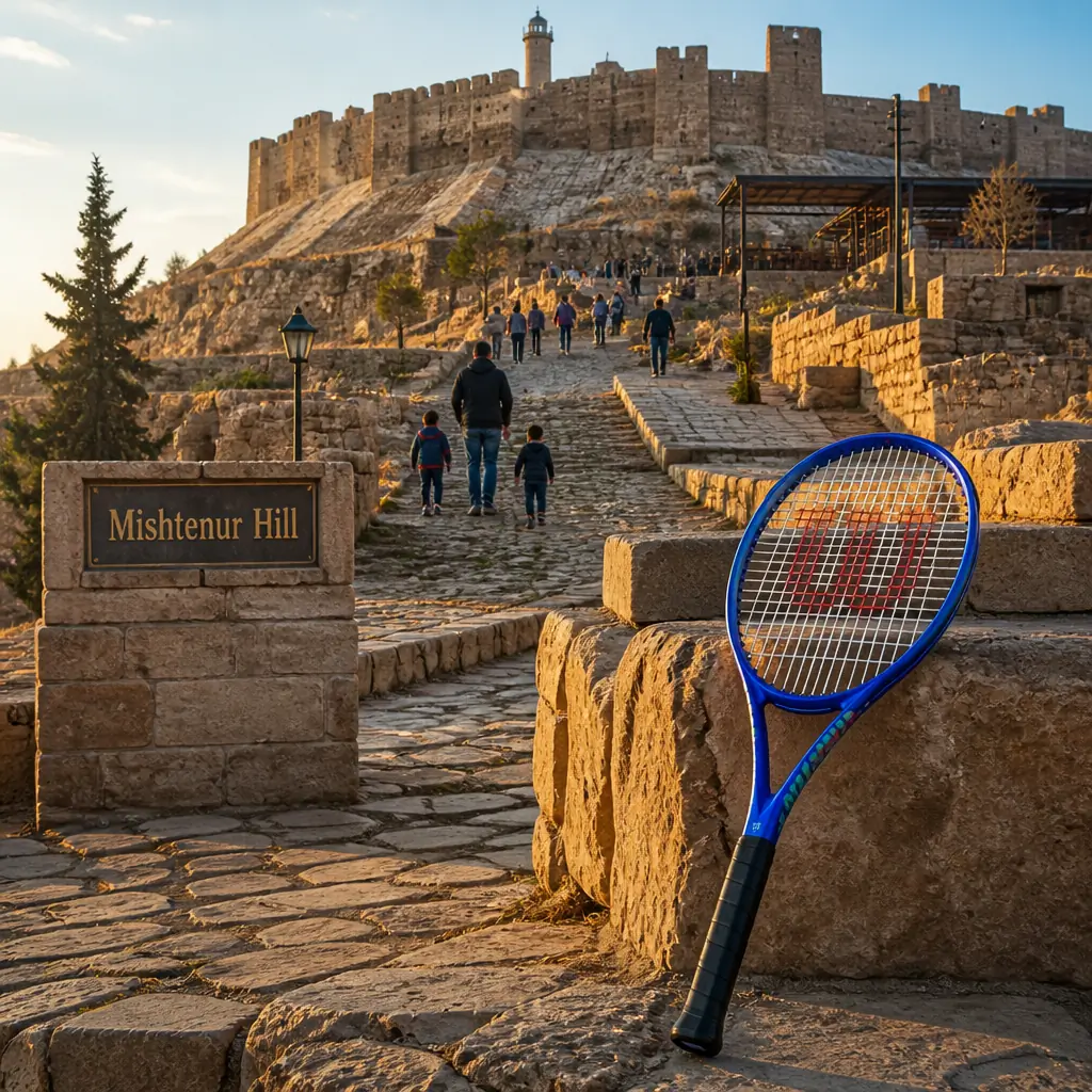Fort Lauderdale fun tennis lessons — Wilson Ultra 26 V5 Junior Tennis Racquet propped against the rocky outcrop of Mishtenur Hill, Aïn al-Arab