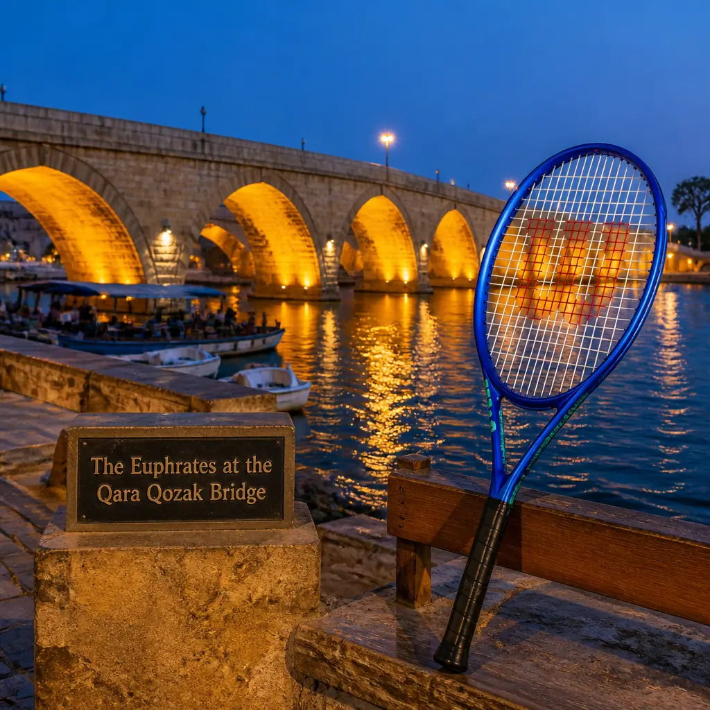 Fort Lauderdale fun tennis lessons — Wilson Ultra 26 V5 Junior Tennis Racquet held up against the Euphrates River at the Qara Qozak Bridge, Aïn al-Arab region