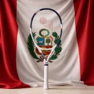 Fort Lauderdale group tennis classes — Yonex Astrel 105 racquet composed with the flag of Peru, red and white vertical stripes