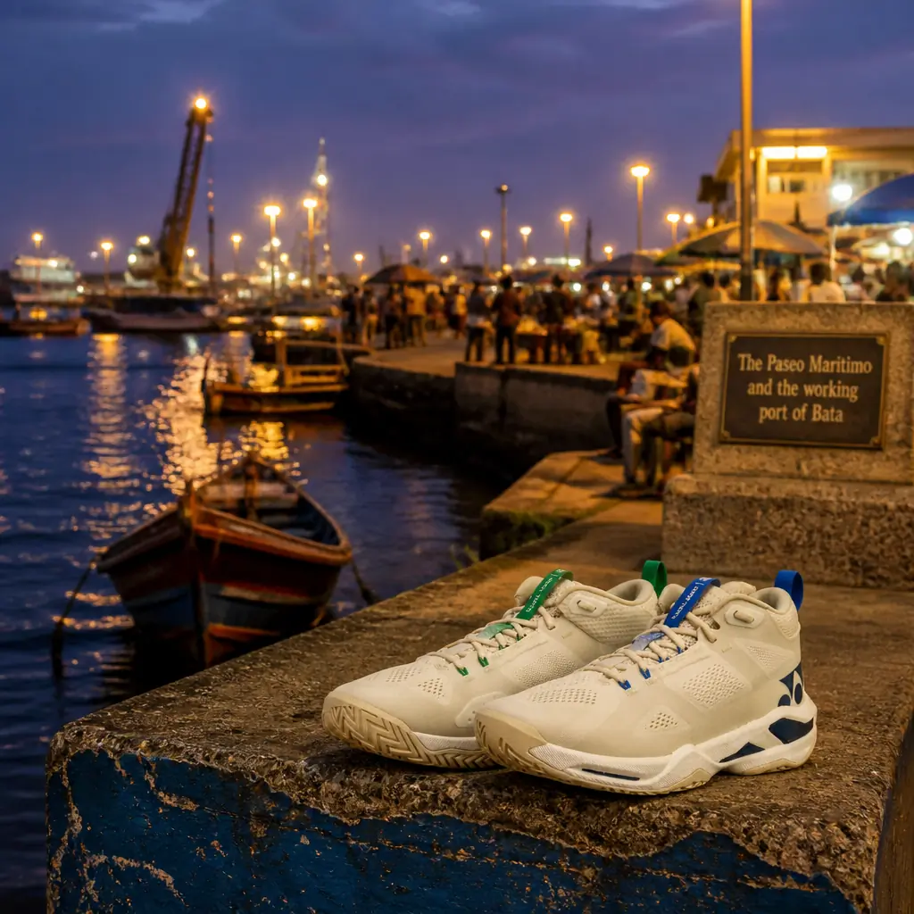 Fort Lauderdale high energy cardiovascular tennis clinic — Yonex Graphite Throttle Men's Tennis Shoes on the Paseo Maritimo with Bata's working port visible in the background