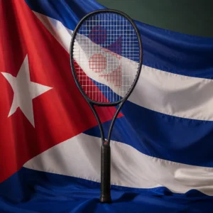 Fort Lauderdale intermediate cardio tennis class — Yonex Percept 100D tennis racquet composed with the flag of Cuba, featuring its red triangle and lone white star