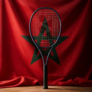 Fort Lauderdale intermediate cardio tennis clinic — Yonex Percept 97D tennis racquet composed with the red and green flag of Morocco against a warm Kenitra light