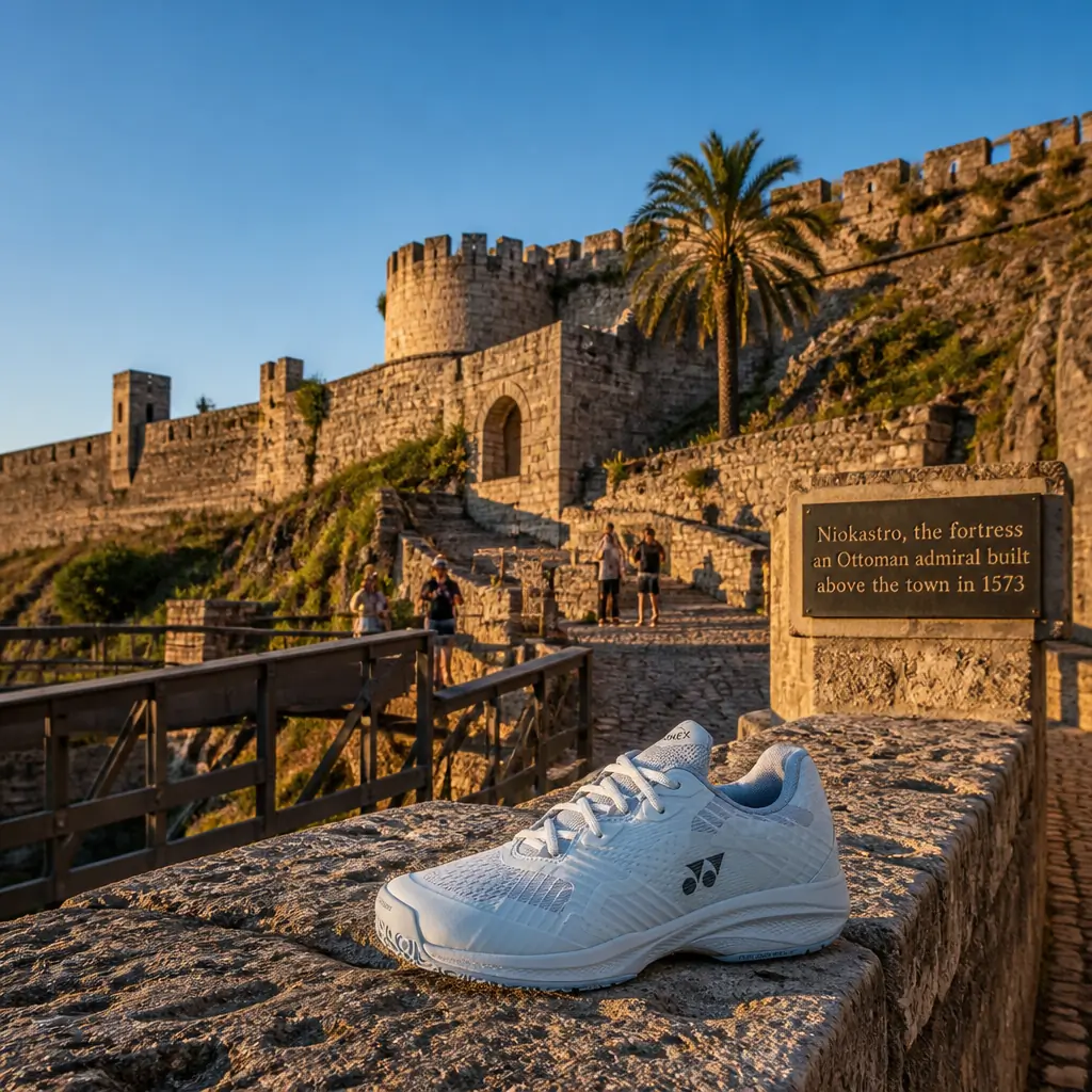 Fort Lauderdale intermediate tennis class — Yonex Power Cushion Sonicage Clay Men's Tennis Shoes on the ramparts of Niokastro fortress, Pylos