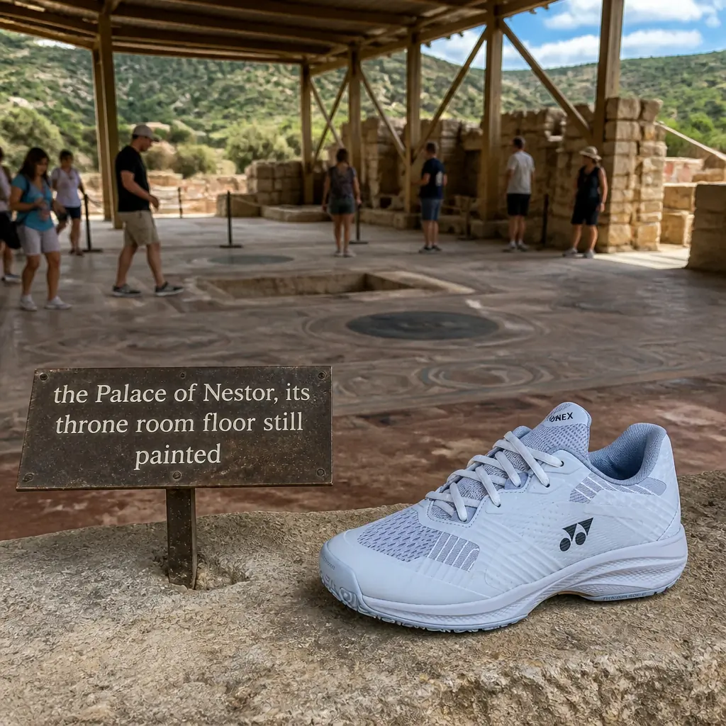 Fort Lauderdale intermediate tennis class — Yonex Power Cushion Sonicage Clay Men's Tennis Shoes at the Palace of Nestor throne room, Pylos
