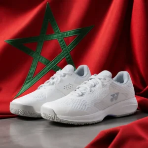 Fort Lauderdale intermediate tennis clinic — Yonex Power Cushion Sonicage Women's Tennis Shoes with the flag of Morocco