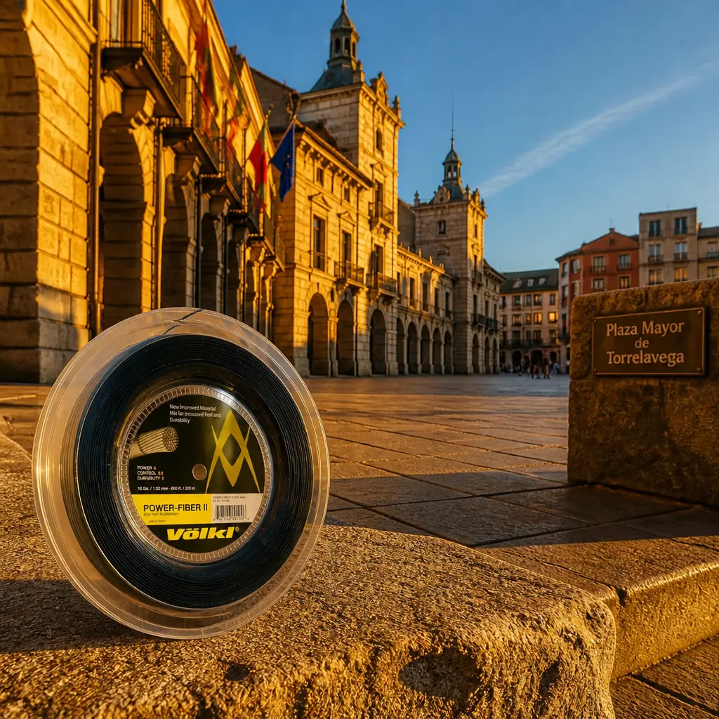 Fort Lauderdale themed cardiovascular tennis class — Volkl Power Fiber II 16g Tennis String Reel photographed in Plaza Mayor de Torrelavega