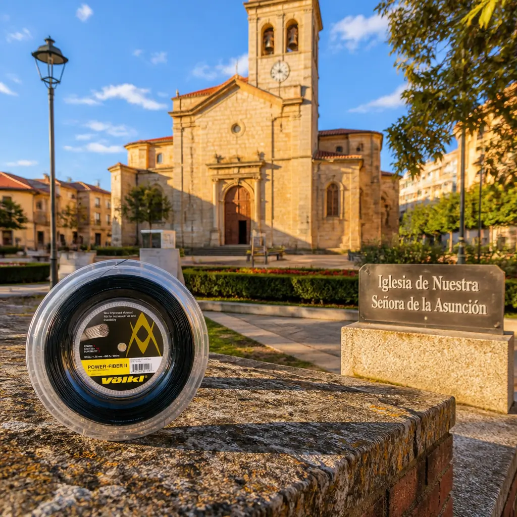 Fort Lauderdale themed cardiovascular tennis class — Volkl Power Fiber II 16g Tennis String Reel photographed beside Iglesia de Nuestra Señora de la Asunción