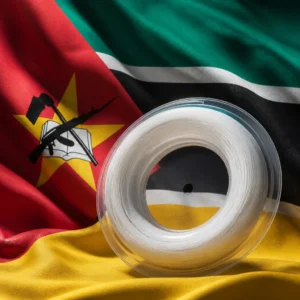 Fort Lauderdale themed evening cardiovascular tennis classes — Volkl V-Torque Tour 18g Tennis String Reel with the flag of Mozambique, featuring an AK-47, a hoe, and a book on its green, black, and yellow tricolor