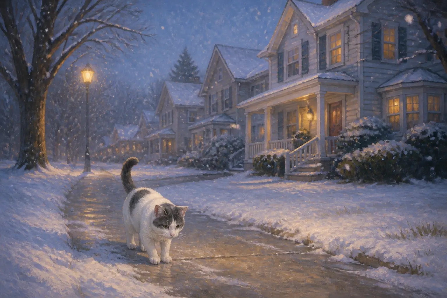 Painterly winter night scene of Frosty as a young white-and-gray kitten walking alone through fresh snow on a Wilmington Delaware sidewalk past warmly lit Victorian houses