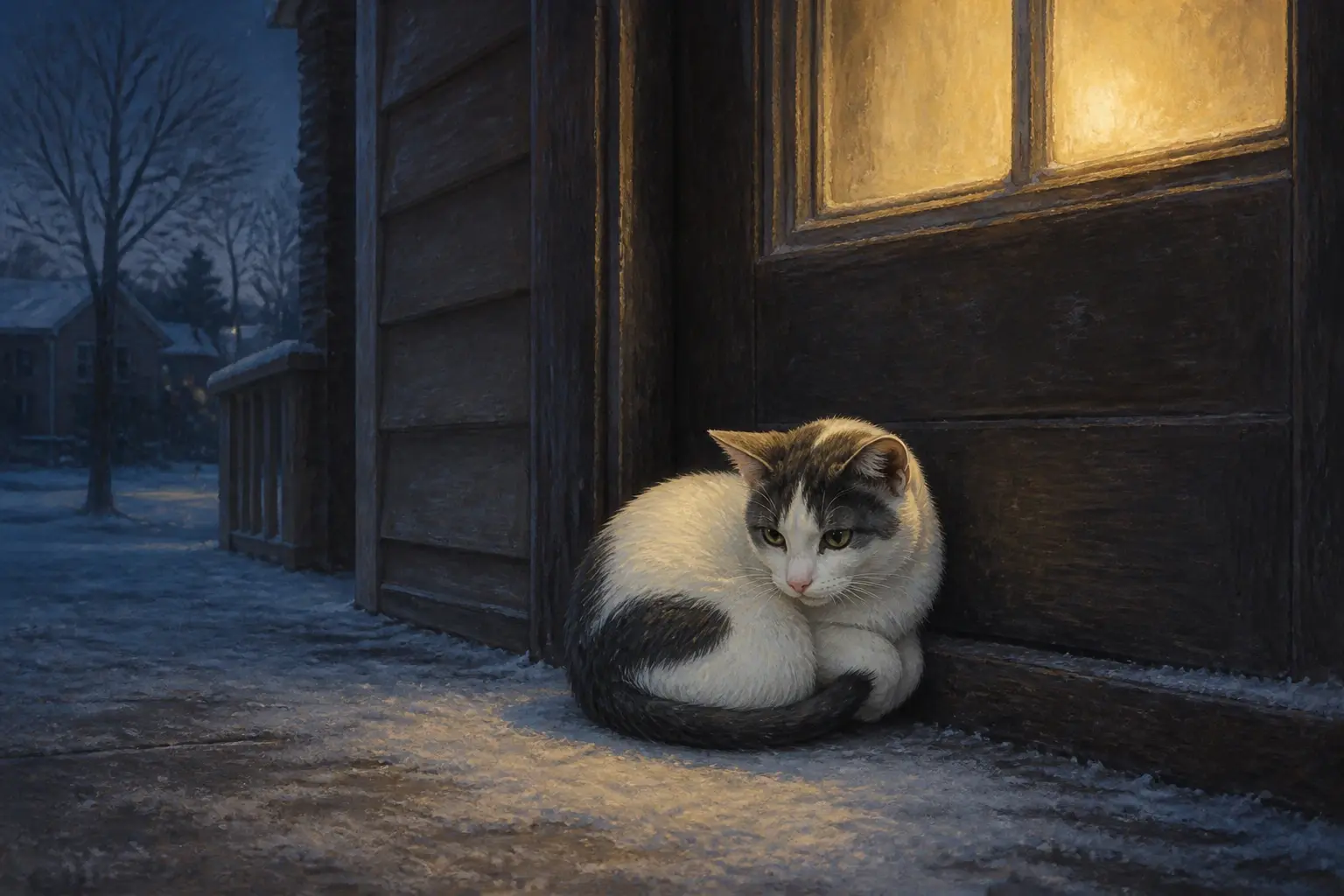 Painterly nighttime scene of young Frosty curled tight against the bottom of a wooden back door pressing herself against the warmth