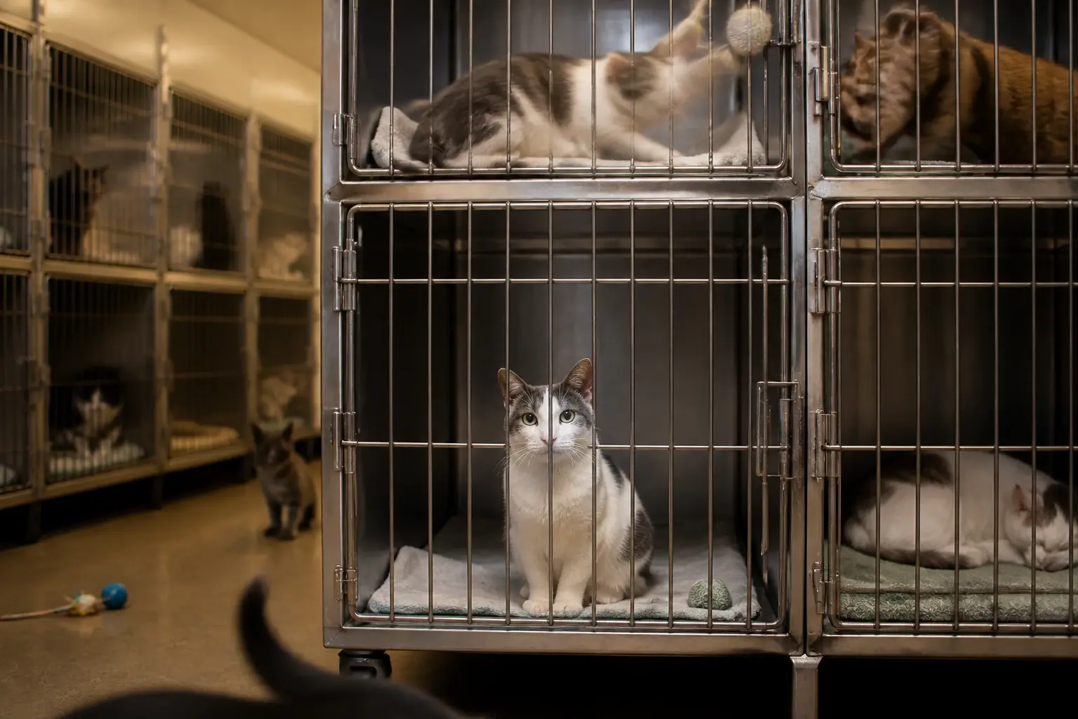 SPCA shelter interior with Frosty seated alert at the front of a stainless steel cage on a folded blanket