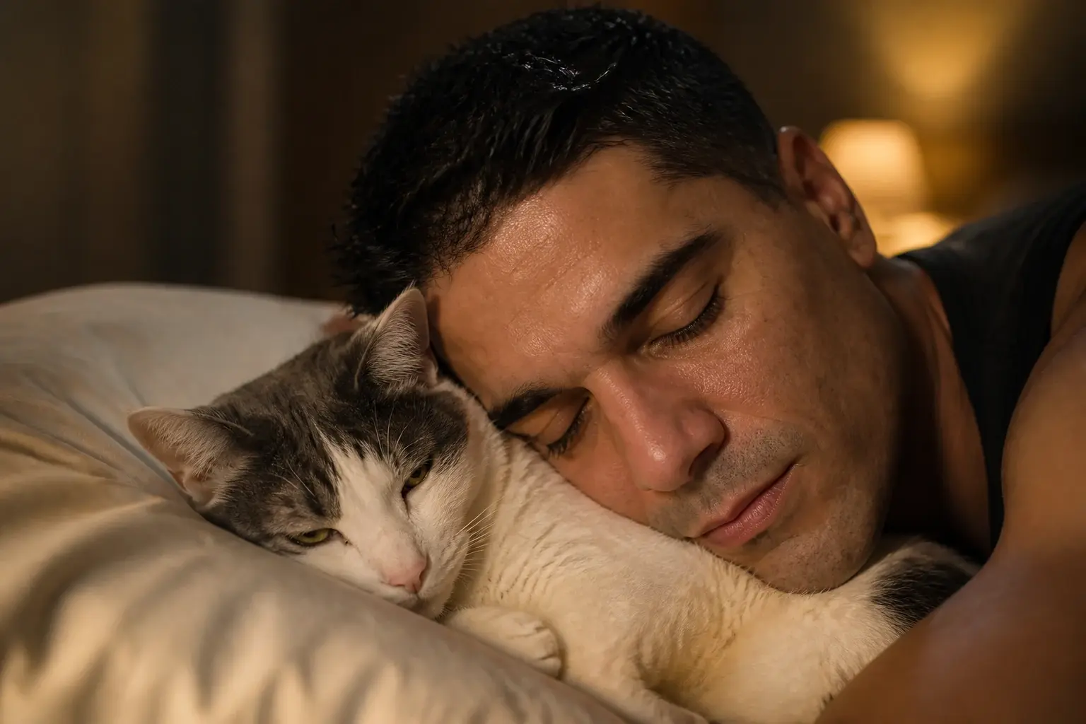 Intimate warm-lit bedroom scene at night