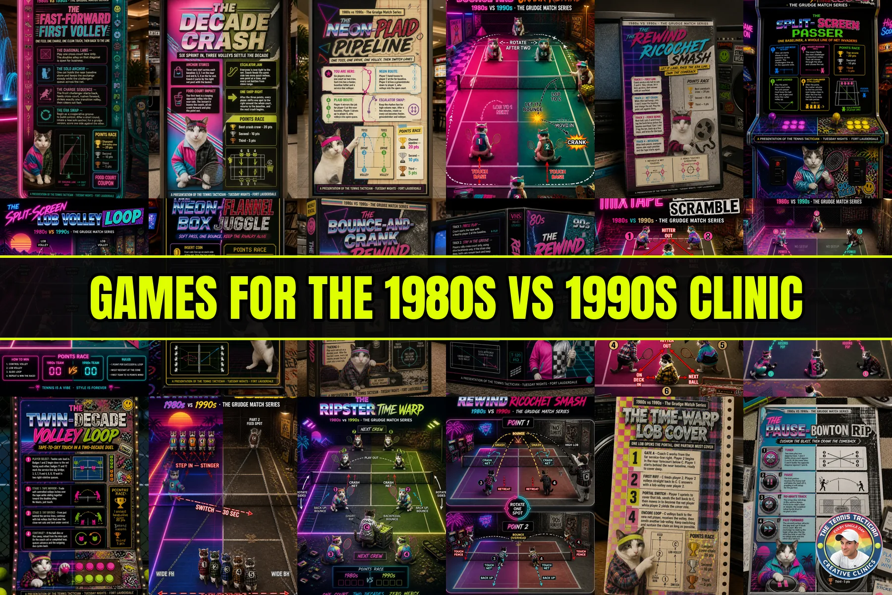 Six original game cards invented for the 1980S vs 1990S themed cardio tennis clinic in Fort Lauderdale