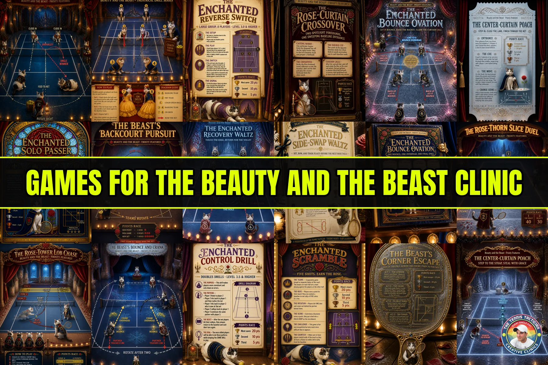 Six original game cards invented for the Beauty And The Beast themed cardio tennis clinic in Fort Lauderdale